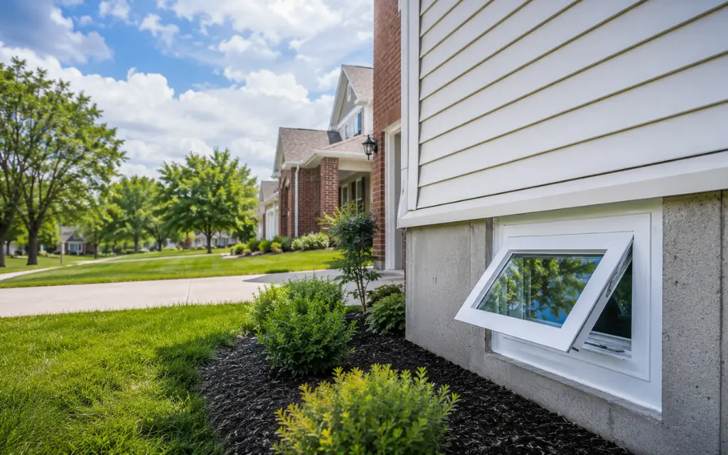 Exterior view of a custom hopper window installation on a foundation wall in Toledo, Ohio.