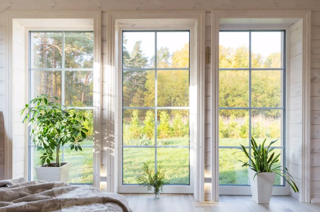 Bright wooden house interior featuring a large white window framing a golden autumn courtyard landscape and a Sansevieria plant.