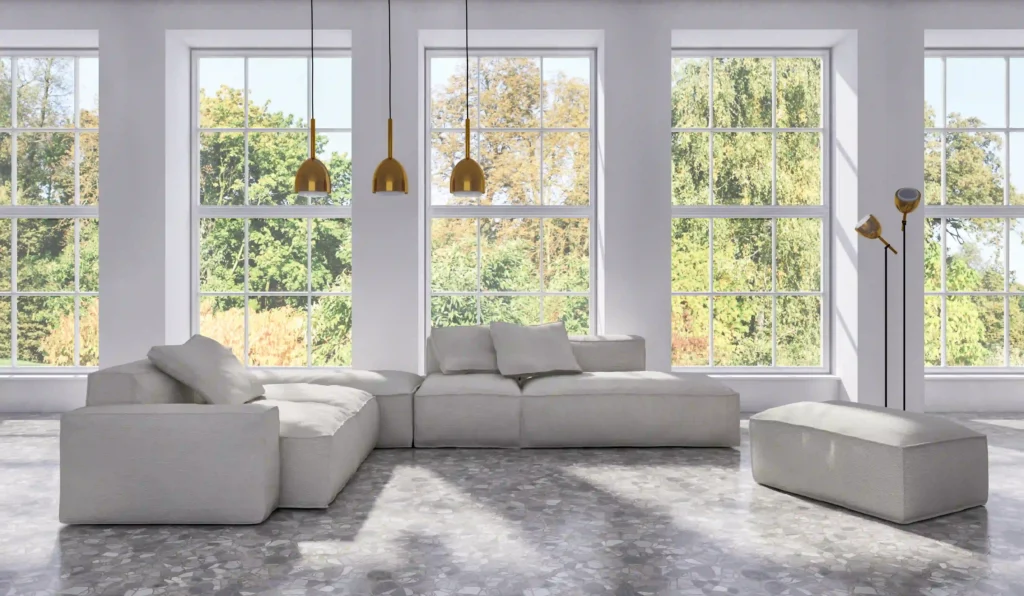 3D rendering of a large, luxury modern bright interior room styled with premium Windows419 architectural fixtures