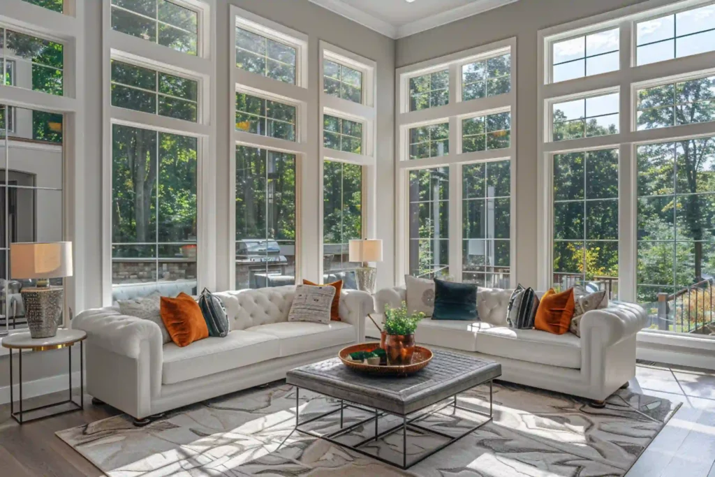 Modern living room interior with wide energy-efficient windows overlooking green trees, showcasing Windows419 custom installations.