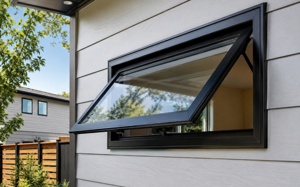 Black vinyl awning window opened outward on a modern white-sided home with landscaped yard.