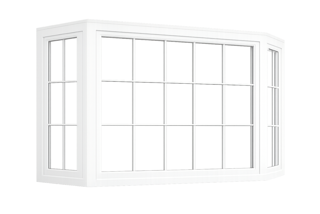 White vinyl bay window with a large fixed center panel divided by a grid grille and angled side panels.