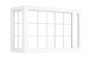 White vinyl bay window with a large fixed center panel divided by a grid grille and angled side panels.