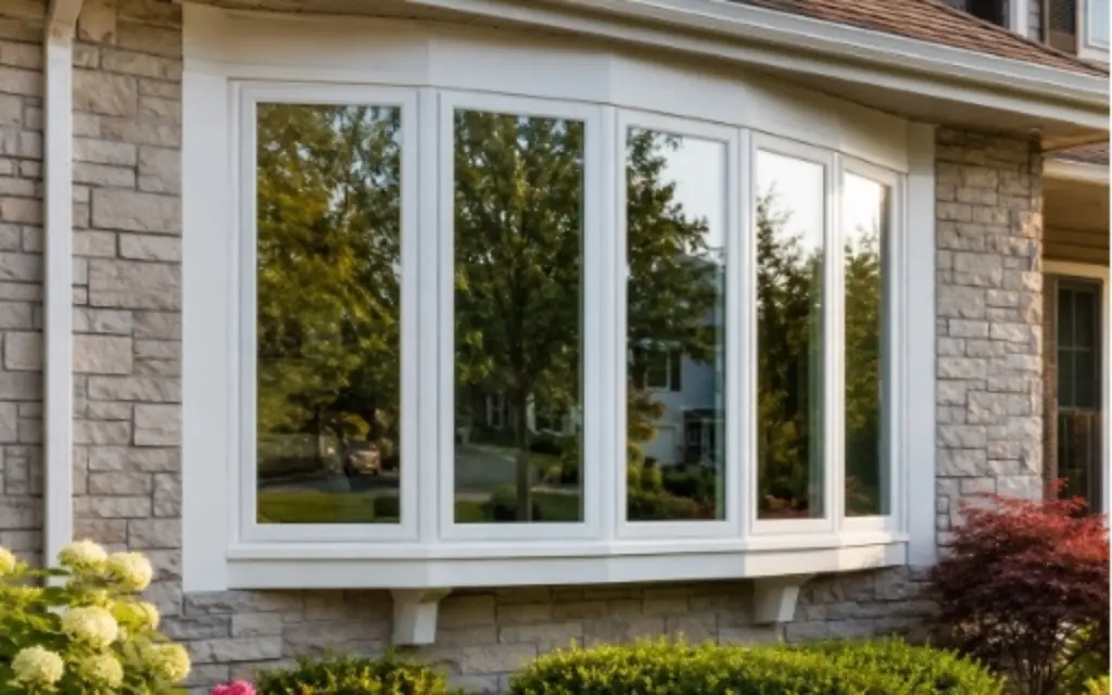 White vinyl bow window installed on a stone exterior home with landscaped shrubs and a front yard.