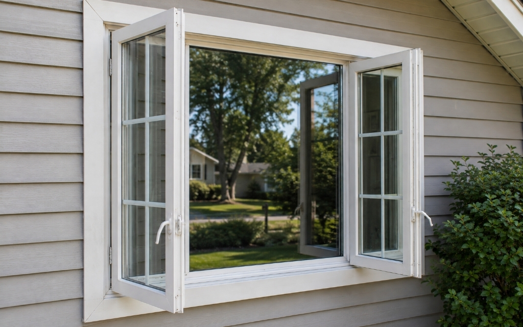 White vinyl casement window with both side panels open on a beige-sided home, overlooking a green front yard in a quiet Toledo, Ohio neighborhood.