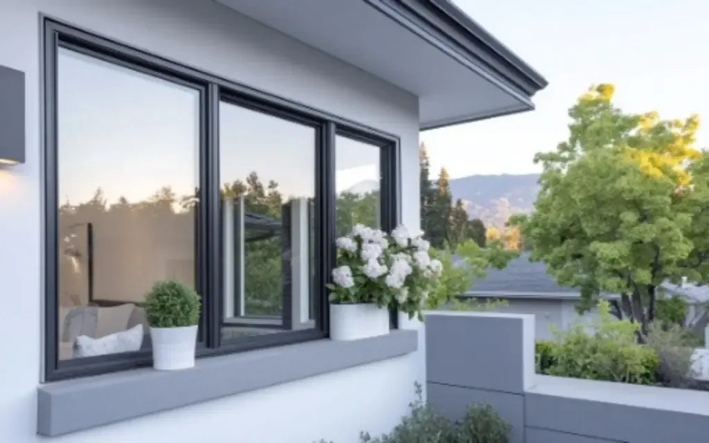 Black vinyl sliding windows installed on a modern white home overlooking a landscaped yard and mountain views.