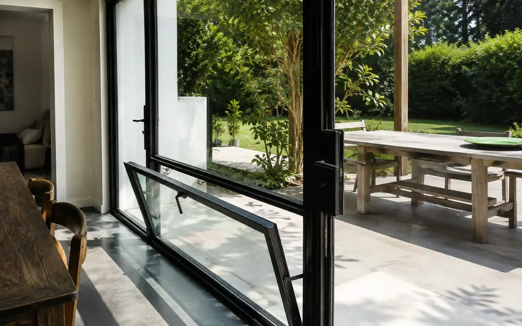Black-framed hopper window tilted open next to floor-to-ceiling glass doors, overlooking a garden patio.