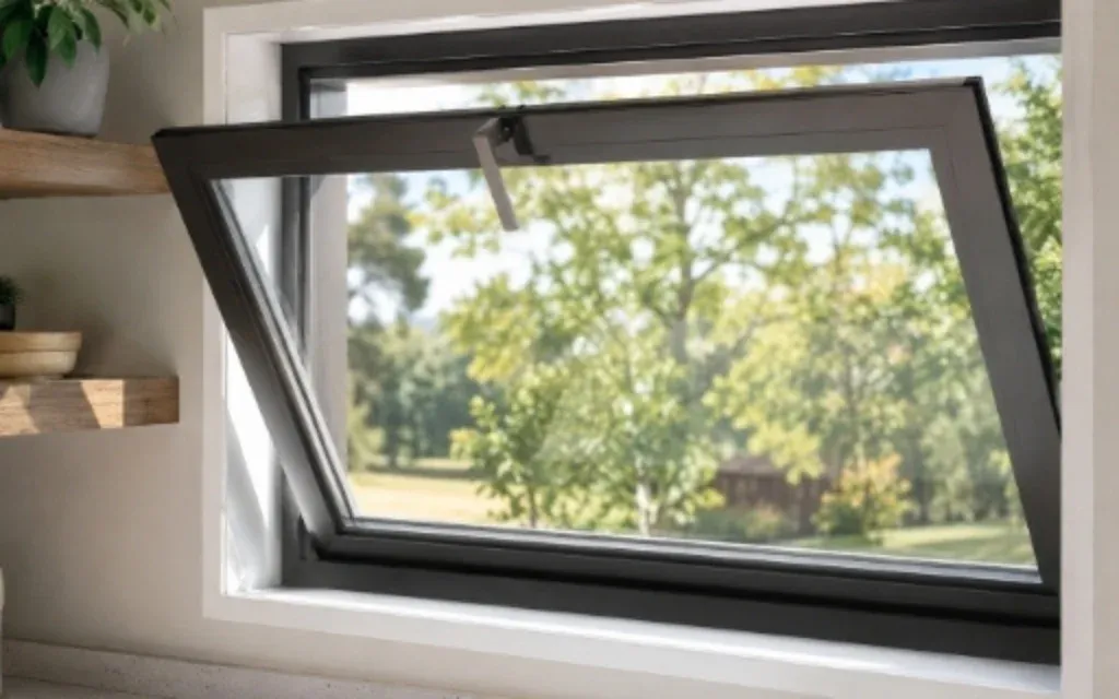 Black hopper window opened inward above a kitchen countertop with a view of trees outside.