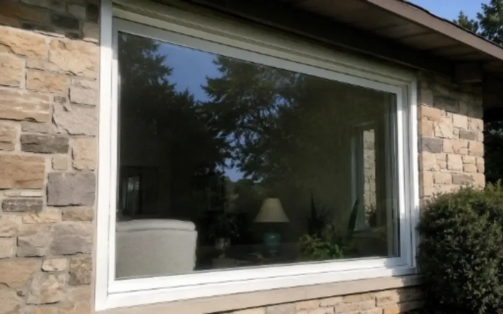 Large white vinyl picture window installed on a stone exterior home with landscaped shrubs.