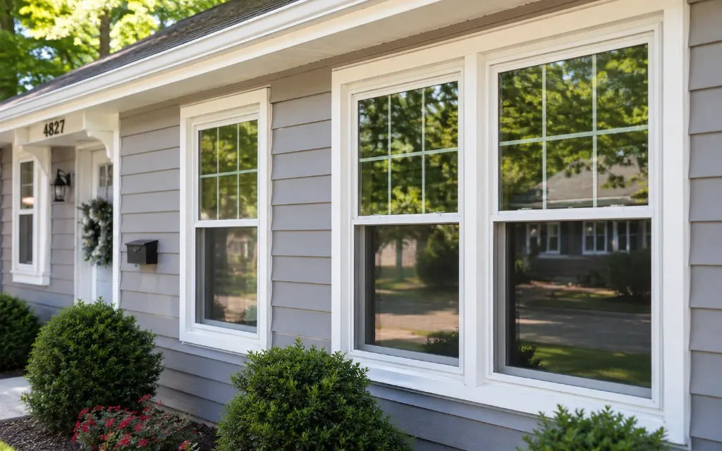 White replacement windows on a gray-sided residential home