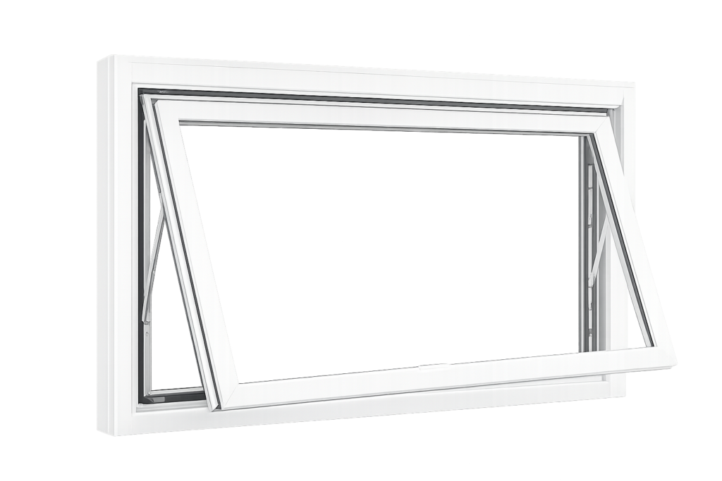 White vinyl awning window with the sash hinged at the top and opened outward, shown from a front angle on a transparent background.