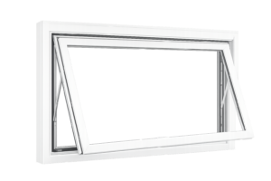 White vinyl awning window with the sash hinged at the top and opened outward, shown from a front angle on a transparent background.