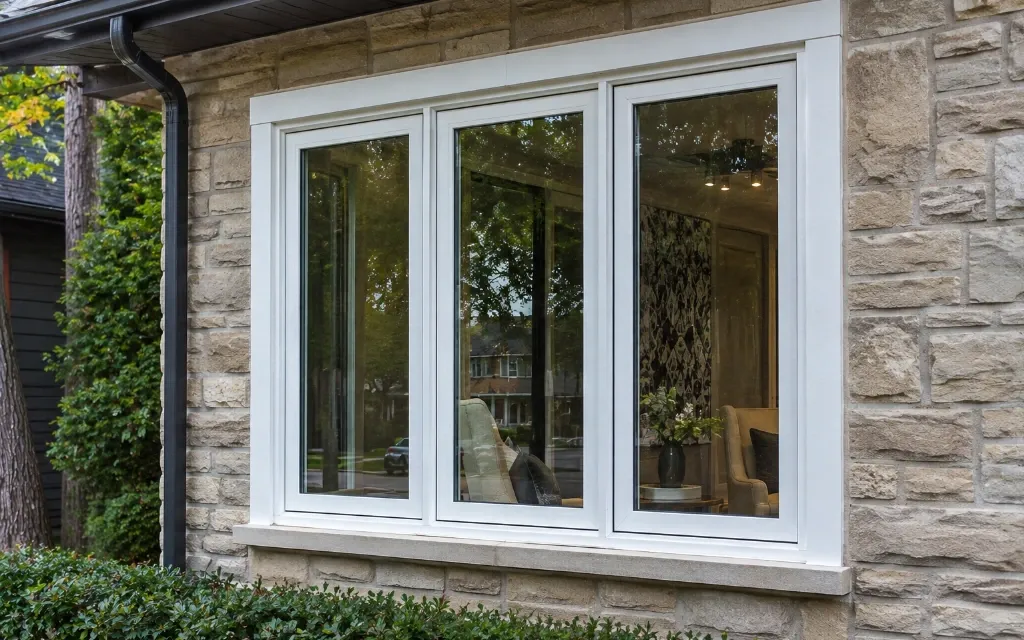 White vinyl casement windows installed on a stone exterior home with landscaped shrubs.