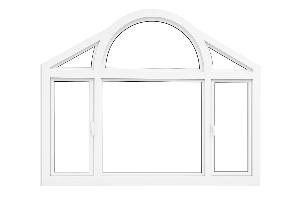White vinyl three-panel window with an arched transom top, two casement side panels, and a fixed center panel.