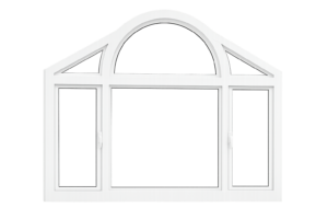 White vinyl three-panel window with an arched transom top, two casement side panels, and a fixed center panel.