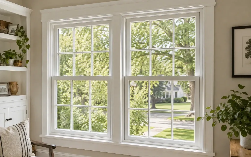 White vinyl double hung windows in a bright living room overlooking a tree-lined suburban neighborhood.