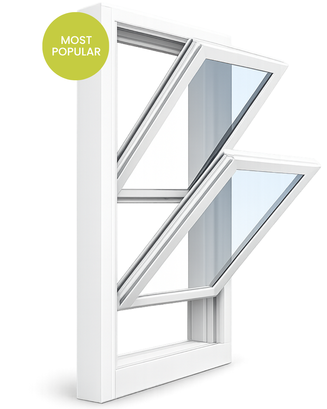 White vinyl double-hung window with both sashes tilted open, "Most Popular" badge in the corner.