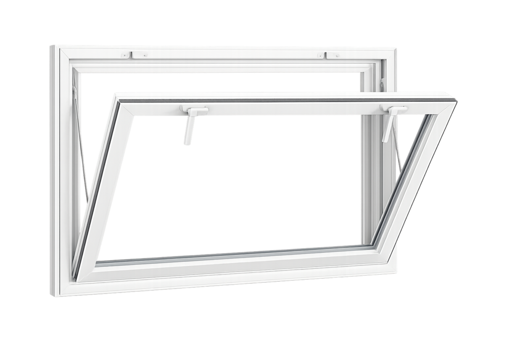 White vinyl hopper window shown open, hinged at the bottom with the sash tilted inward from the top.