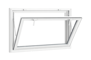 White vinyl hopper window shown open, hinged at the bottom with the sash tilted inward from the top.