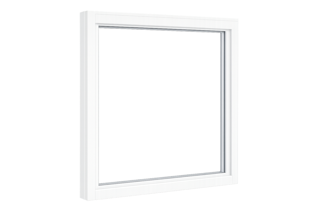 White vinyl picture window with a clean, modern frame and large fixed glass panel, shown from a slightly angled front view on a transparent background.