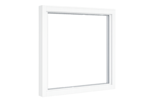 White vinyl picture window with a clean, modern frame and large fixed glass panel, shown from a slightly angled front view on a transparent background.