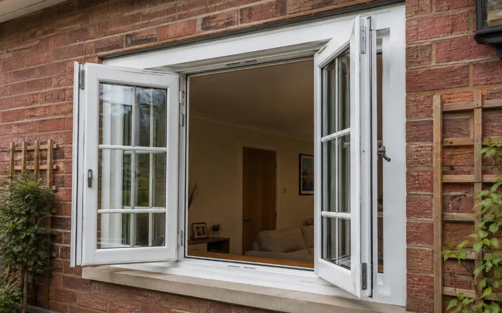 White casement replacement window in a brick home