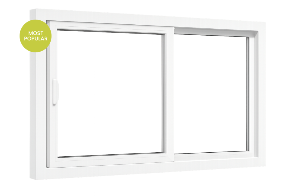 White vinyl slider window with two side-by-side panels and a "Most Popular" badge.
