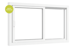 White vinyl slider window with two side-by-side panels and a "Most Popular" badge.