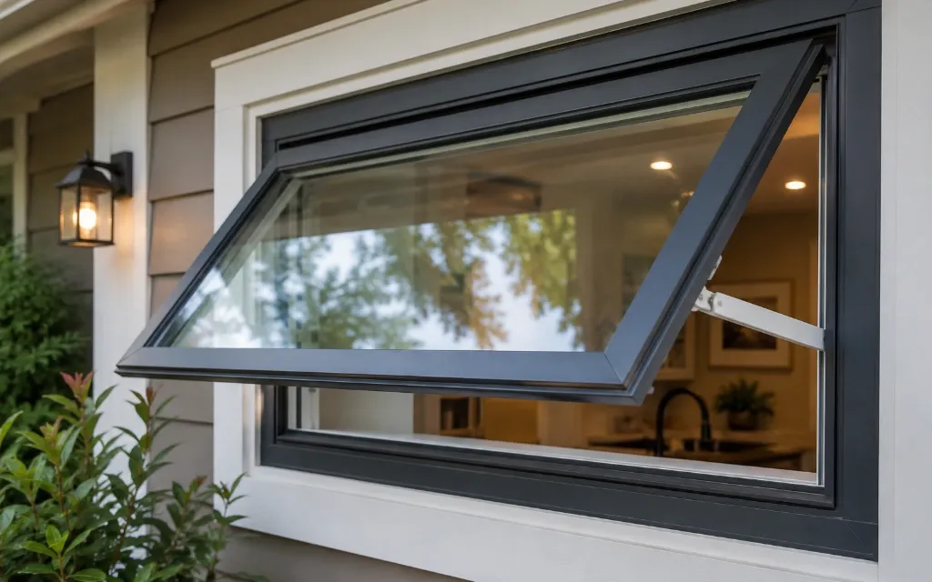 Black awning replacement window on a residential home