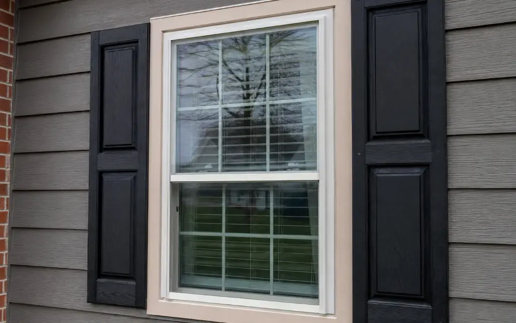 Replacement window with black shutters on a residential home in Adrian, Michigan