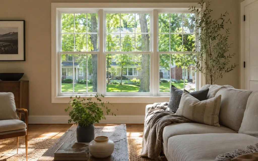 Three white vinyl double hung replacement windows in a bright living room overlooking a tree-lined neighborhood.