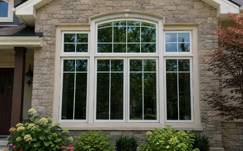 White replacement windows installed in a stone-front home in Fremont, Ohio