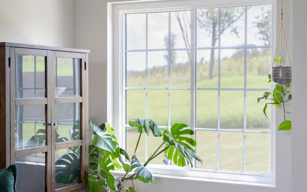 Bright living room featuring a large white vinyl double hung replacement window with colonial grids, filling the space with natural light and overlooking a peaceful landscape in Findlay, Ohio.