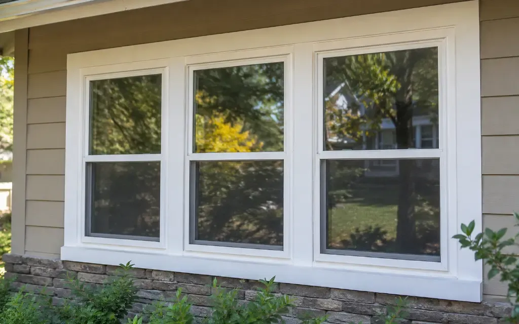 Three white vinyl double hung replacement windows installed on a beige-sided home with a stone foundation.